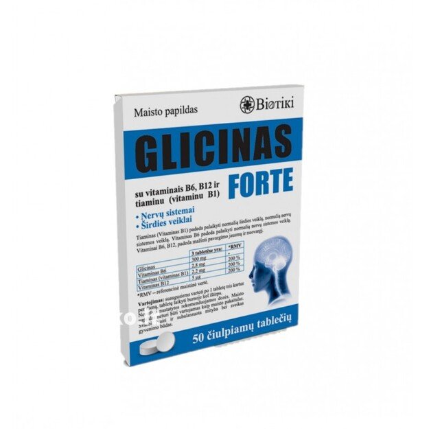 Glicinas Forte 300 mg su vitaminais B6, B12 ir B1 Biotiki, 50 tab.