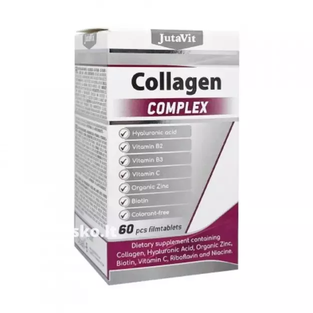 Maisto papildas JUTAVIT COLLAGEN COMPLEX kolagenas, hialuronas, cinkas, B2, B3, biotinas, 60 tab.