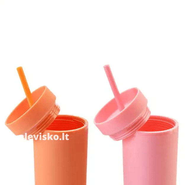 Plastikinis puodelis su šiaudeliu (įvairios spalvos)