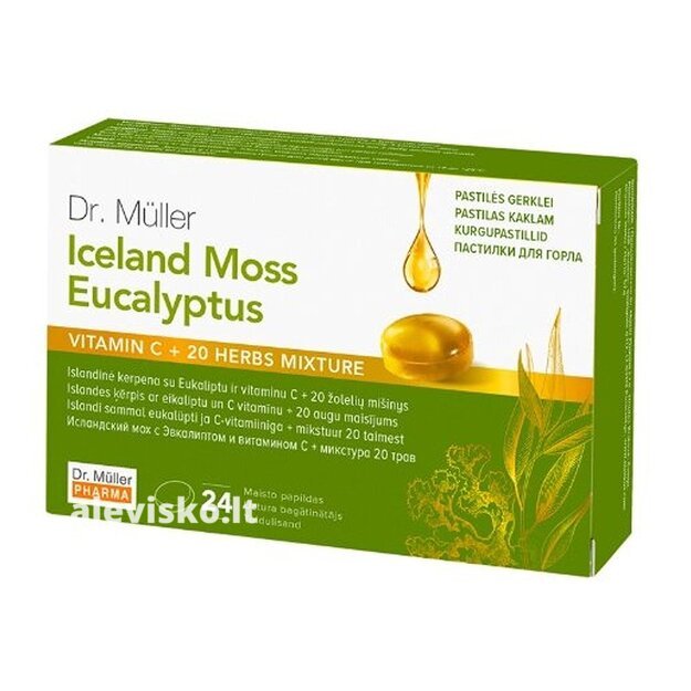 Dr. Muller pastilės gerklei / Islandinė kerpena su eukaliptu ir vitaminu C + 20 žolelių mišinys, 24 vnt.